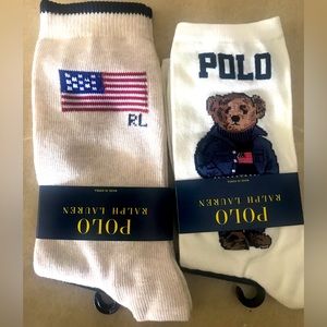 2 Ralph Lauren POLO Bear & Flag Crew Ivory White Socks Women’s Size 9-11 NEW